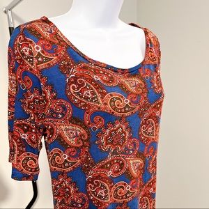 LOFT // Rust Red Orange & Blue Paisley Print Elbow Long Tee